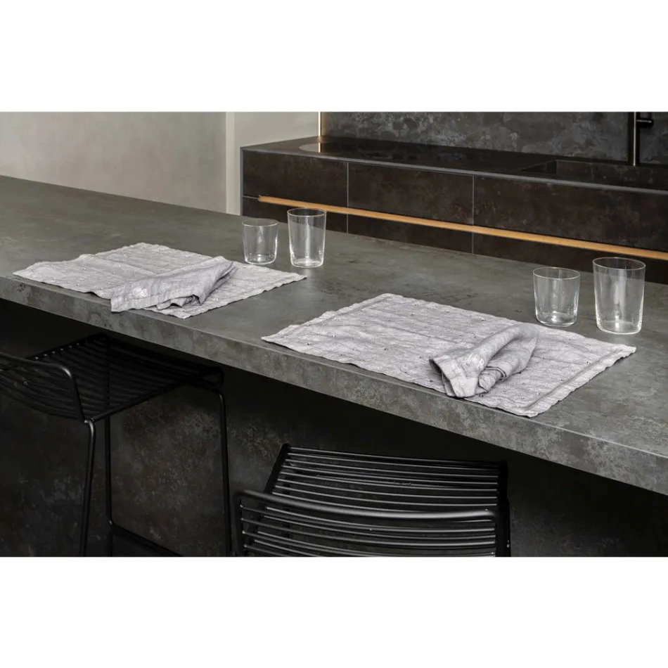 Tovagliette Americane Colazione in Lino Grigio con Cristalli 2 Pezzi - Macanno Viadurini