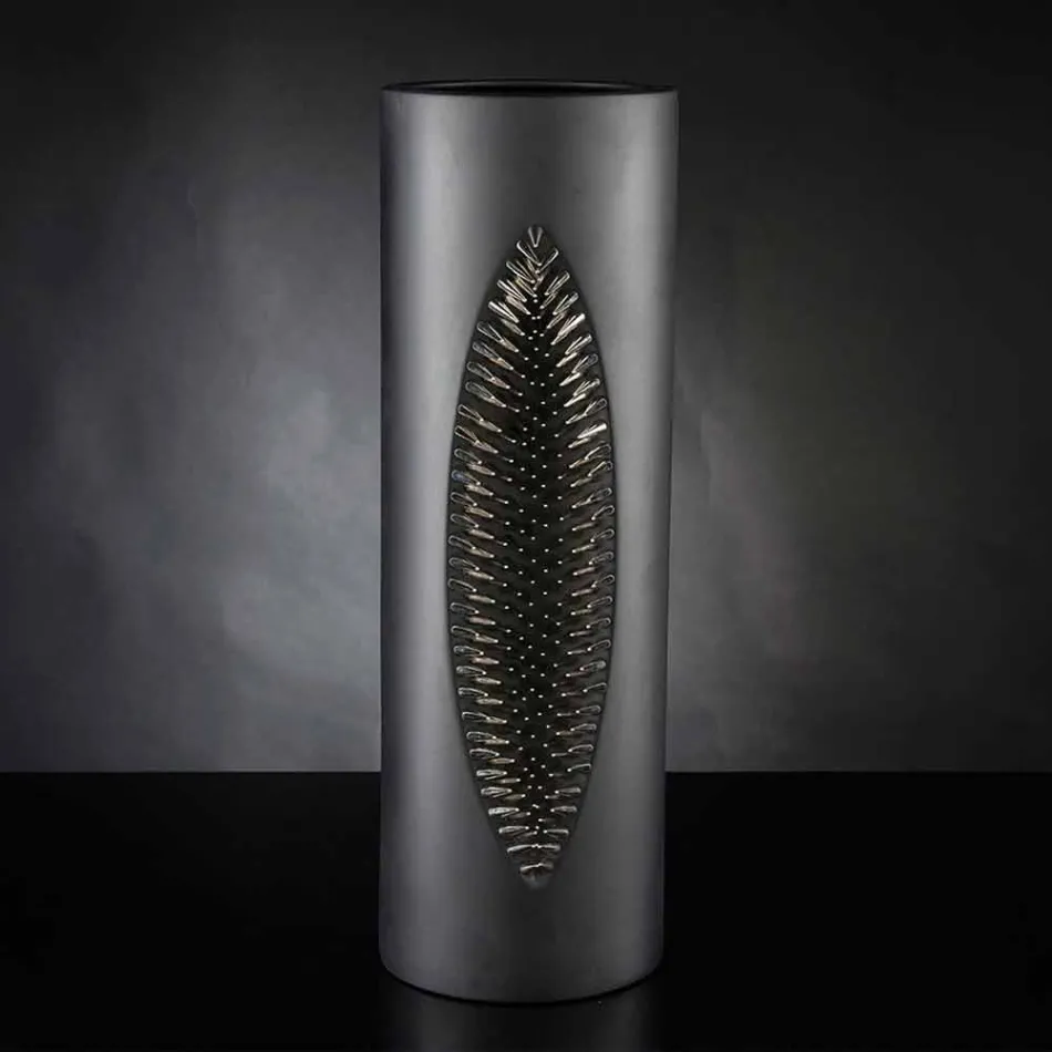 Vaso Alto da Interno in Ceramica Nera Opaca e Acciaio Made in Italy - Jesolo Viadurini