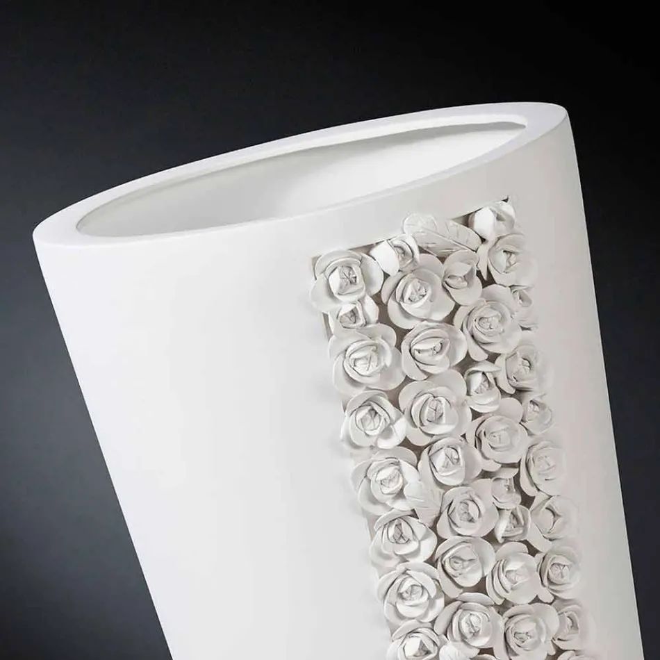 Vaso Alto in Ceramica Bianca con Decoro Realizzato a Mano in Italia - Calisto Viadurini