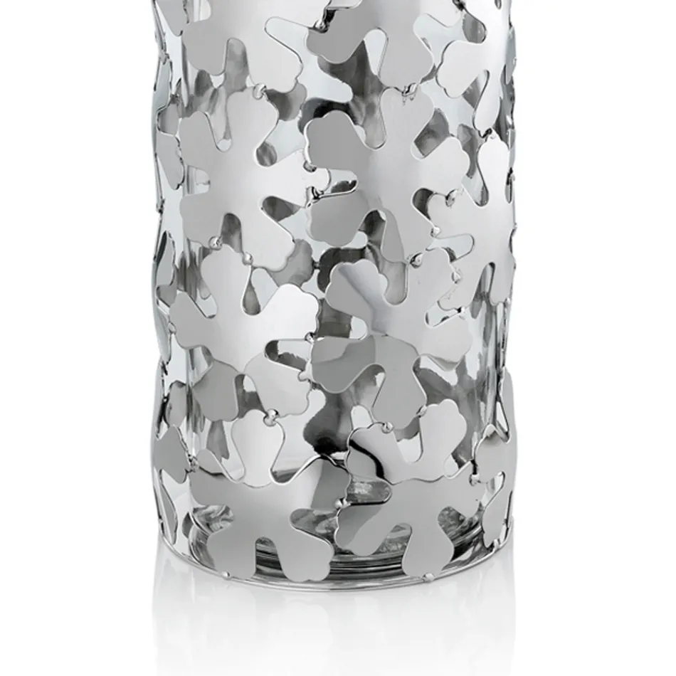 Vaso in Metallo Argentato e Vetro Design Elegante Cilindrico con Fiori - Megghy Viadurini