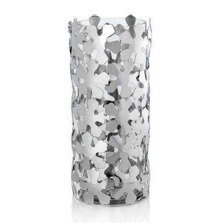Vaso in Metallo Argentato e Vetro Design Elegante Cilindrico con Fiori - Megghy Viadurini
