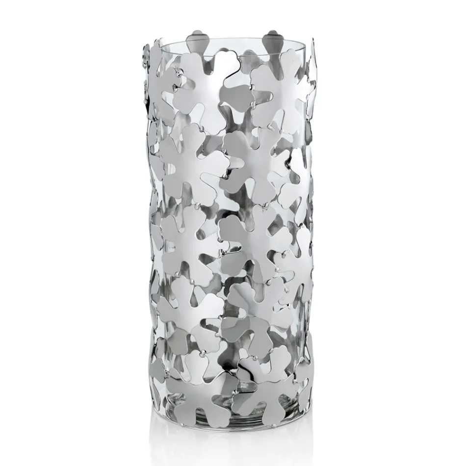 Vaso in Metallo Argentato e Vetro Design Elegante Cilindrico con Fiori - Megghy Viadurini