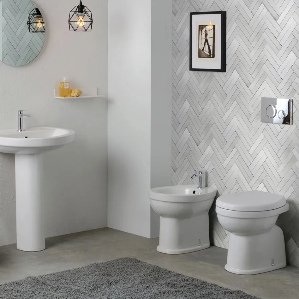 Vaso Wc a Terra in Ceramica con Sedile in Poliestere e Design Moderno - Silice Viadurini