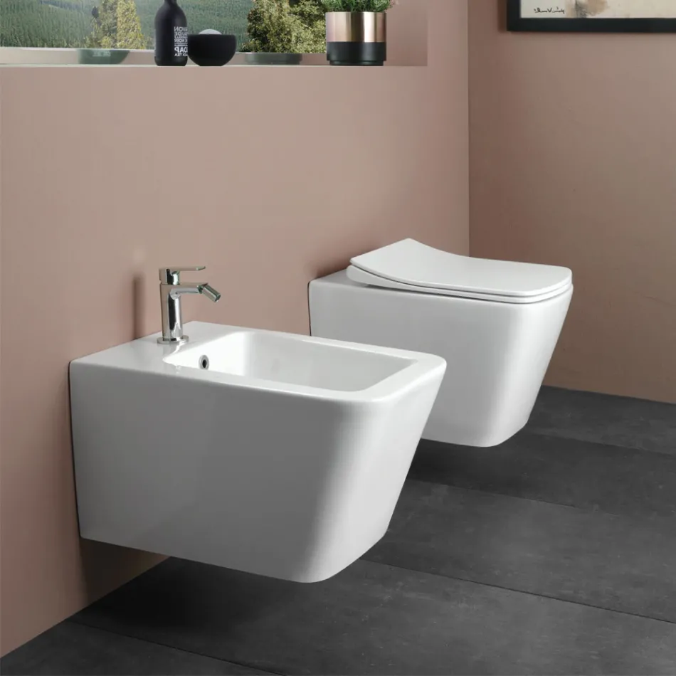 Vaso Wc Sospeso con Sedile Soft Close in Ceramica dal Design Moderno - Giunco Viadurini