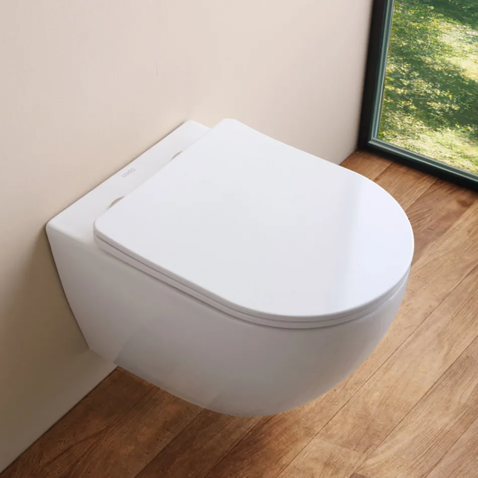 Vaso Wc Sospeso Tecnologia Rimless e Sedile Soft Close in Ceramica - Ginepro   Viadurini