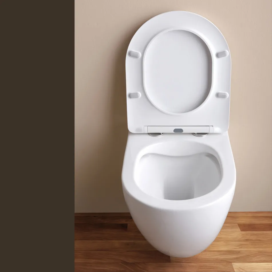 Vaso Wc Sospeso Tecnologia Rimless e Sedile Soft Close in Ceramica - Ginepro   Viadurini