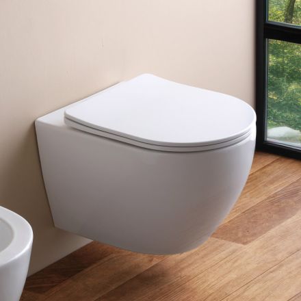Vaso Wc Sospeso Tecnologia Rimless e Sedile Soft Close in Ceramica - Ginepro   Viadurini