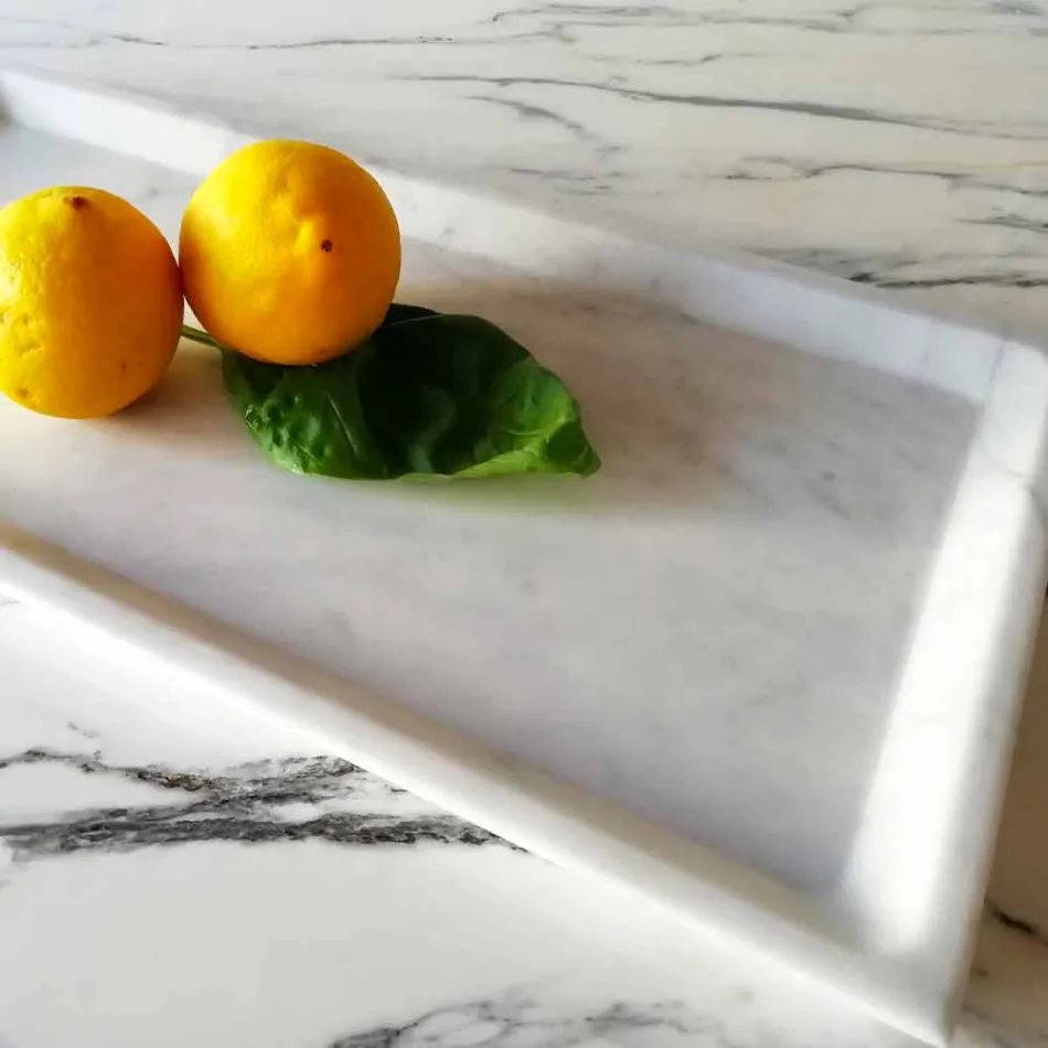Vassoio Rettangolare in Marmo Bianco di Carrara Levigato Made in Italy - Alga Viadurini